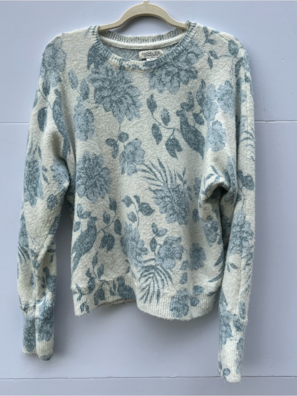 Rachel Zoe Cream Sweater with Soft Blue Floral Jacquard